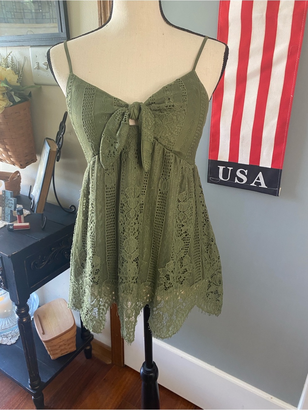 No Boundaries Olive Lace Tie-Front Cami